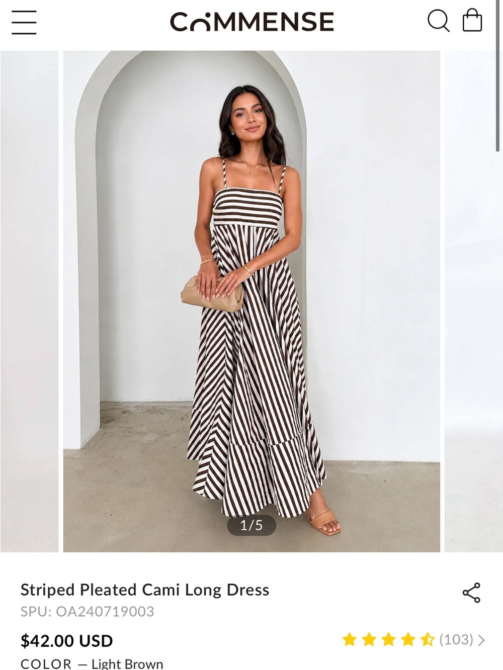 Commense Striped Pleated Cami Long Dress Black & White Small